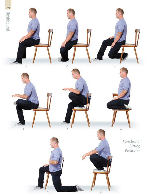 When you must sit, these are a few functional sitting positions that help to organize your spine and support you upright. Informational graphic showing exercises you can perform in a work chair.